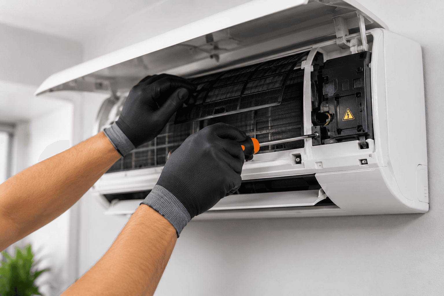 Técnico avaliando unidade interna de ar-condicionado