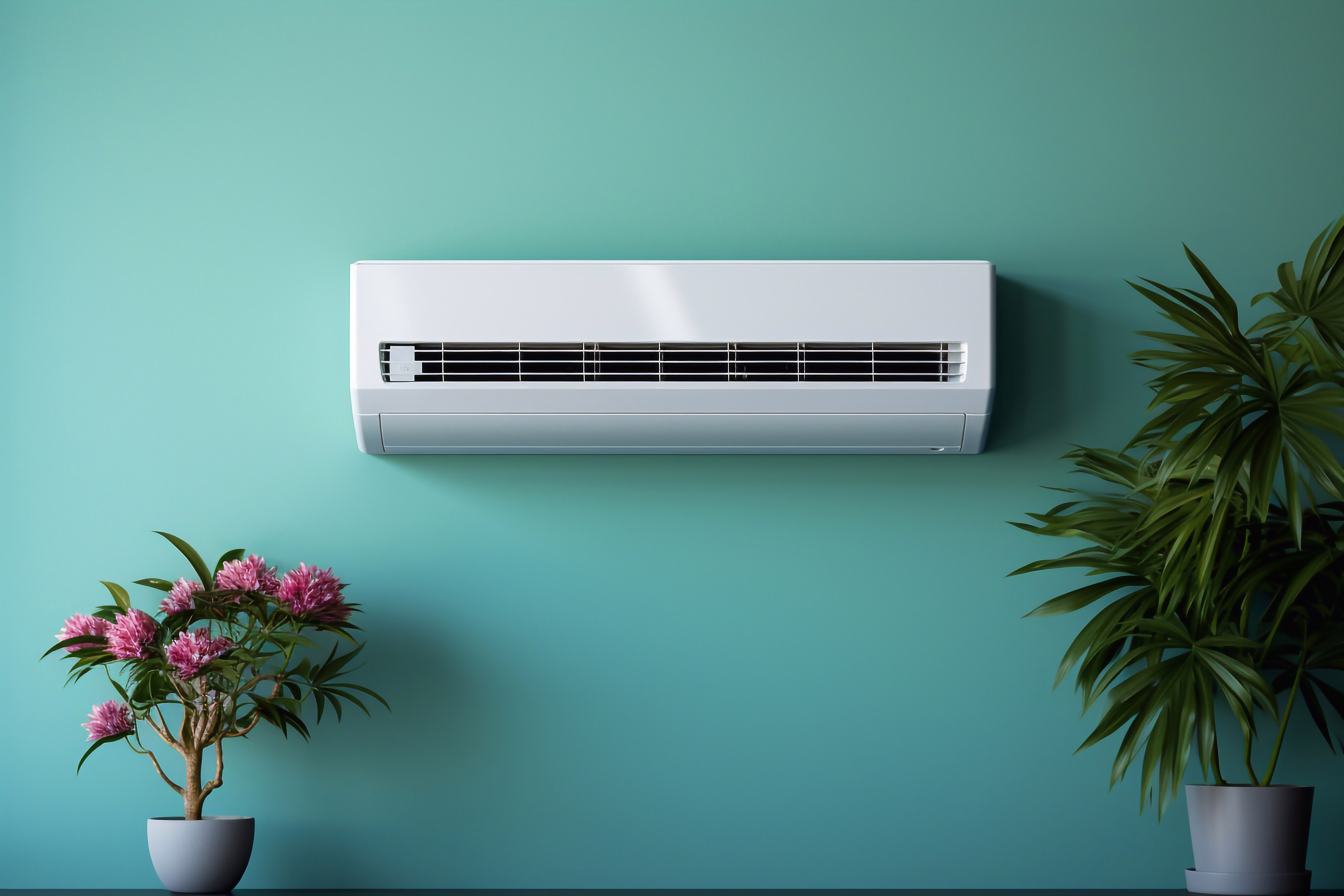 Ar-condicionado instalado em ambiente claro com plantas decorativas